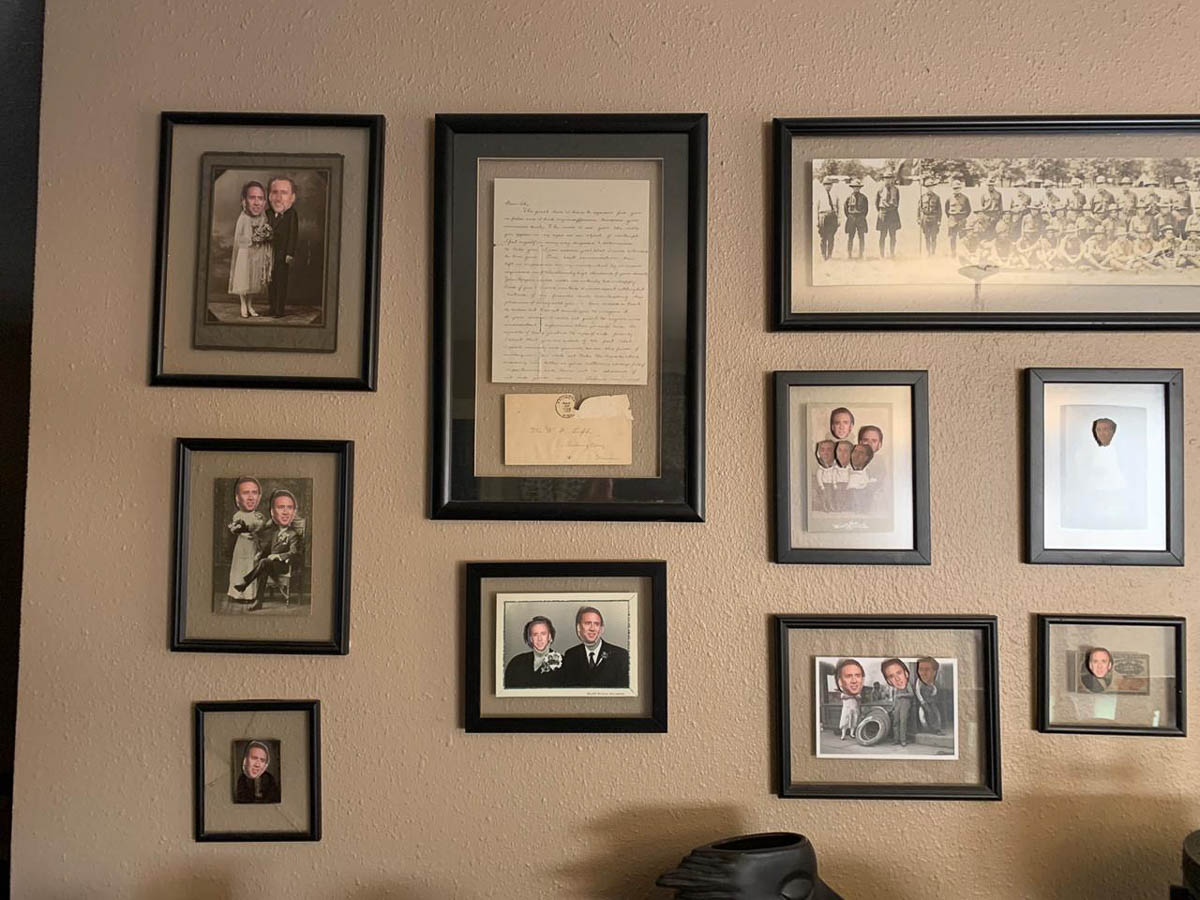 On April Fools we found that Nora had put Nicolas Cage's head on all the photos on our family history wall.