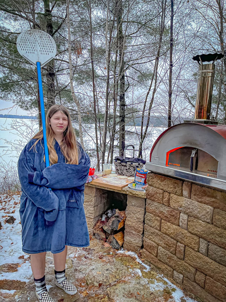 Nora at the ready.  Running the pizza oven is a pretty causal affair when there is snow on the ground.