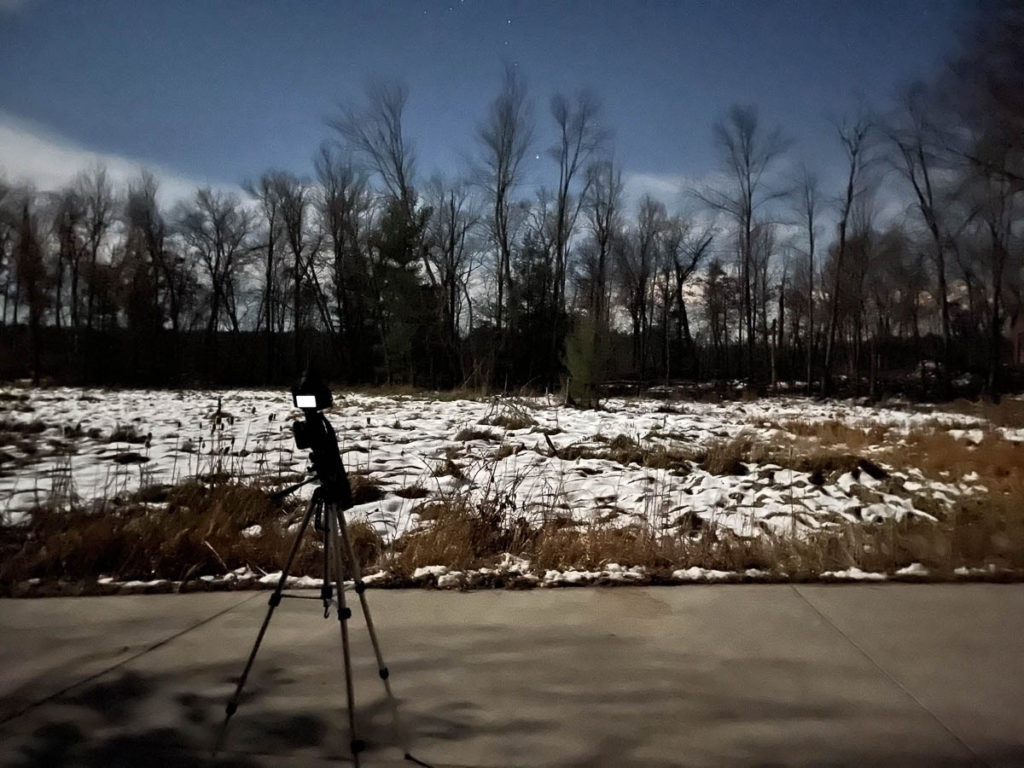 Here is a long exposure of my camera rig taking a long exposure of the southern sky across the wetlands.   It was fully night but the full moon and long exposure makes it look like day.