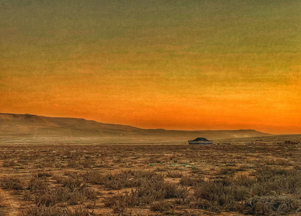Desert tent at sunset.