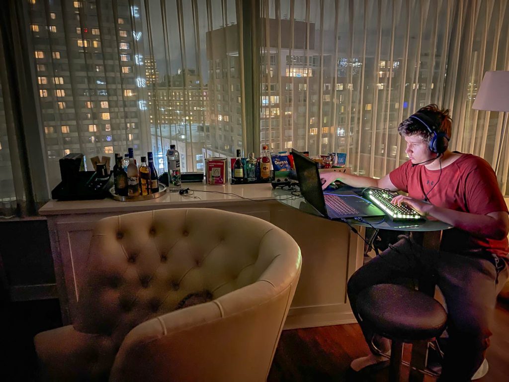 Kai set up his gaming rig in our hotel room in downtown Boston