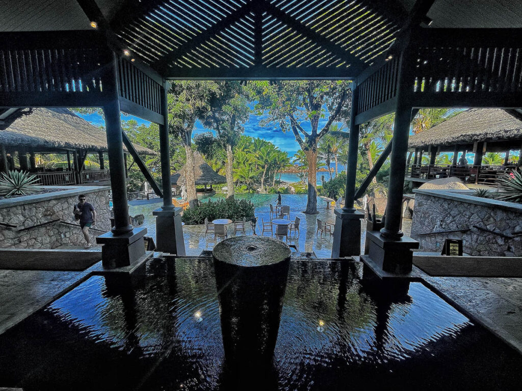 A high dynamic range photo of the view from the lobby of the Praslin resort.